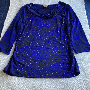 Valerie Stevens deep blue and black floral top with rhinestones